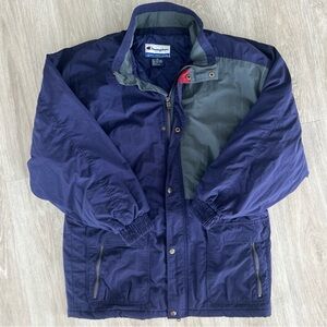 Champion Vintage 90s Navy Gray Nylon Jacket Inner Drawcord Size Small 44” Chest